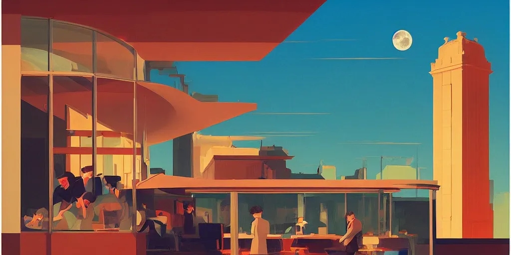 Prompt: incredible full page illustration, moon hitting earth, Edward Hopper and James Gilleard Zdzis