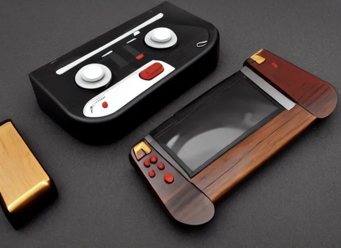 Image similar to retro futurist design of a new handheld console by nintendo, black bakelite, wooden casing, aluminium