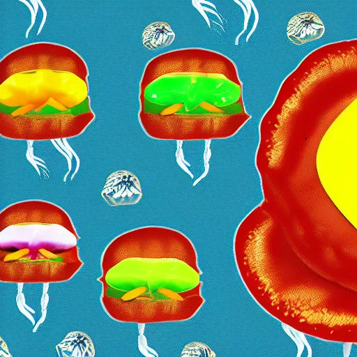 Image similar to hamburger mix jellyfish, cg, 8 k, sharp focus, style by andy warhol