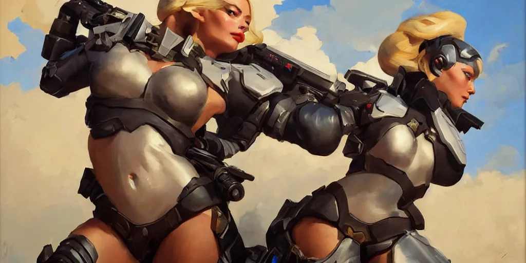 Image similar to greg manchess portrait painting of fully armored and armed margot robbie as overwatch character, close - up shot, asymmetrical, profile picture, organic painting, sunny day, matte painting, bold shapes, hard edges, street art, trending on artstation, by huang guangjian and gil elvgren and sachin teng