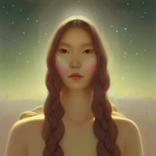 Image similar to a ultradetailed beautiful painting of a young european inuit woman in the park by hsiao ron cheng, ngai victo, nivanh chanthara jean delville wlop and dougherty patrick, trending onv artstation, alaska, light sparkles, major arcana sky, sharp focus, soft light