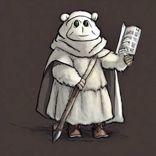 Image similar to a huggable white plush frog paladin cleric wearing a wolf pelt as a hooded cape and sketchbook and pencil while exploring a cave, photorealistic, nature, photography, national geographic, sesame street