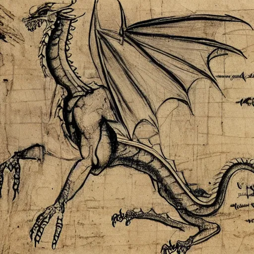 Prompt: extremely detailed anatomy sketch of a dragon with annotations by leonardo da vinci, aged parchment, scientific, technical, blueprint