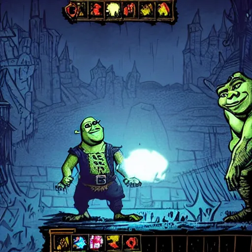 Image similar to shrek as a boss in darkest dungeon, screenshot from a game, highly detailed, dark atmosphere, concept art, 2 d, sideview, cosmic horror, body horror, lovecraft mythos