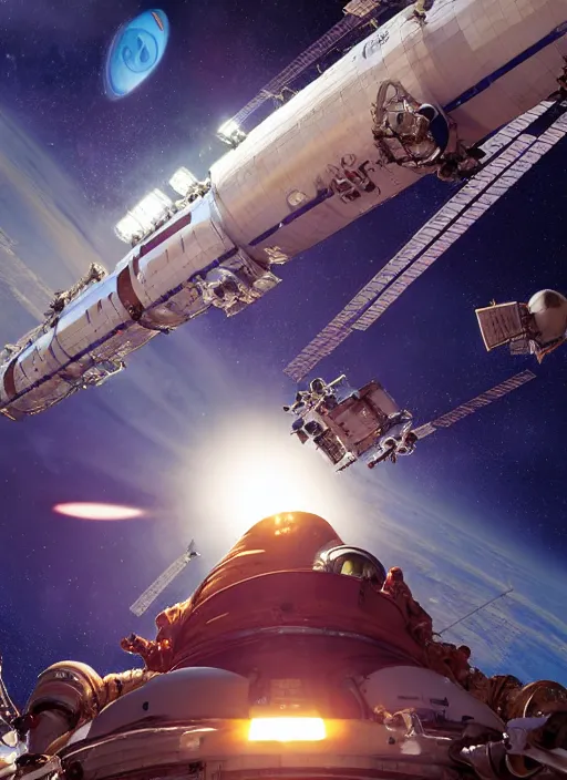 Image similar to closeup hyperdetailed shot of taikonauts cosmonauts and astronauts connecting iss with tiangong space station by ross tran, thierry doizon, craig mullins, ilya kuvshinov, artgerm, edward hopper, dan mumford, wlop, rutkovsky, carl spitzweg, moebius, unreal engine 5, lumen, nanite