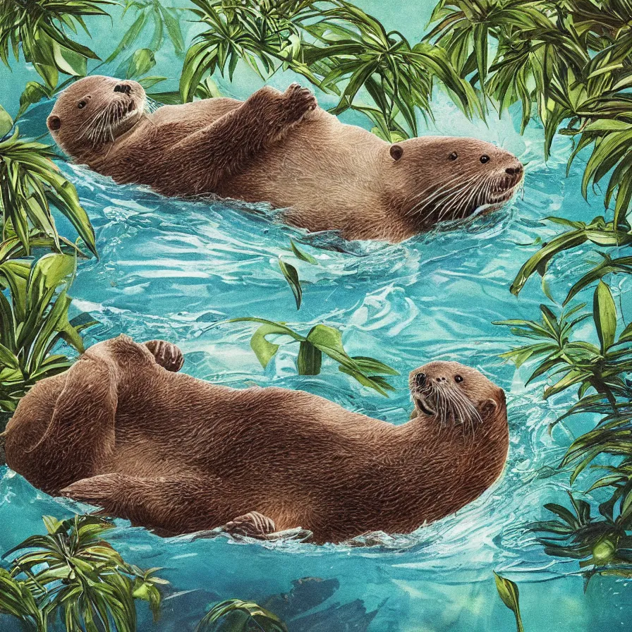 Prompt: album art, an otter swimming in an overgrown tropical creek river, omni magazine, beautiful visuals