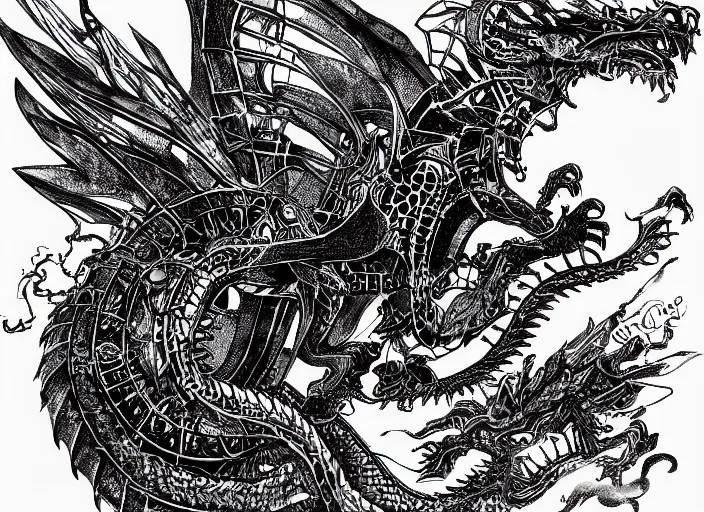 Prompt: black micron pen illustration, dragon with steam punk apparatus on its side, very fine detail, concept art, high detail, fine pen, white background, artstation