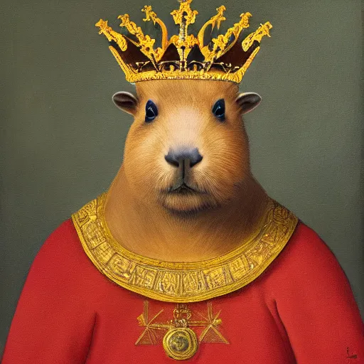 Image similar to an oil painting portrait of a capybara wearing medieval royal robes and an ornate crown on a dark background