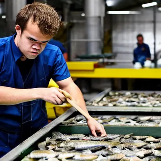 Image similar to Magnus Carlsen gutting fish at a fish factory floor, conveyor belt