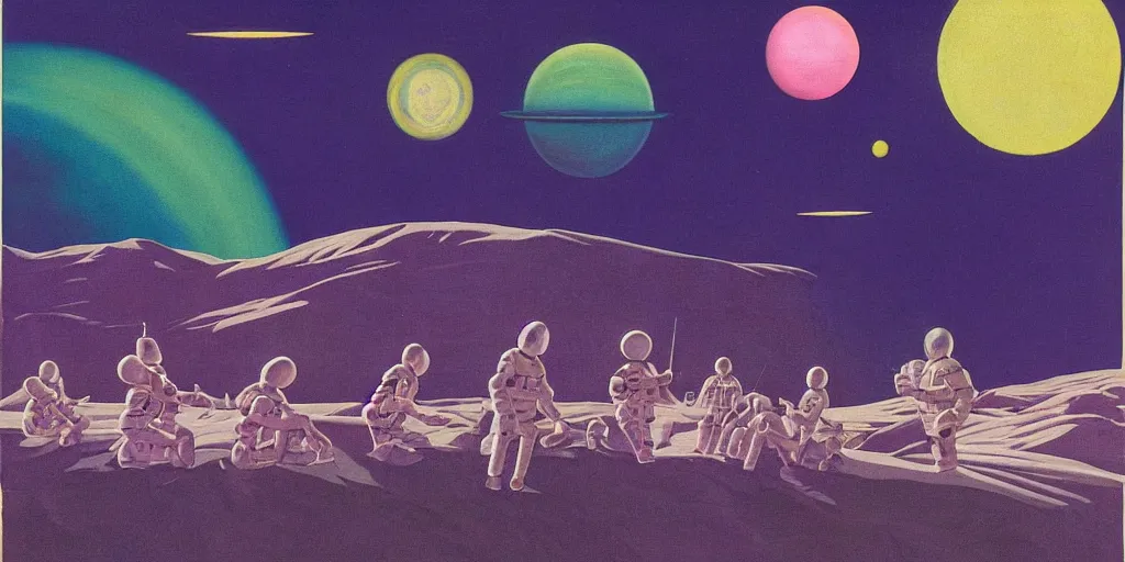 Image similar to surreal painting by chesley bonestell!!, twelve astronauts sitting by the river with a big holiday cake + psychedelic vegetation + purple, pink, blue + planets and stars + mystical fog, vintage sci - fi style of the 5 0 s, rule of the third!!!!, line graphics, 8 k, super detail, high quality