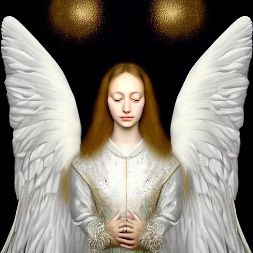 Image similar to highdetailed hyperrealistic painting of white angel!!! no gender!!!, giant ball of miracle light from the chest!!!!!, white sparkles everywhere, 4 k hd fur face!!!, big wings, by jan van eyck, holography space, glow effect, large strokes, soft and clean, white monochrome color!!!!!