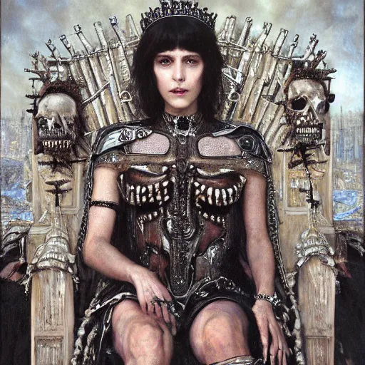 Prompt: queen of bones, sitting on a throne, detailed face, with a crown of skulls, skull earings ( blade runner, cyberpunk ) portrait by john william waterhouse and james gurney and theodore ralli and nasreddine dinet, oil on canvas. cinematic, hyper realism, realistic proportions, dramatic lighting, high detail 4 k