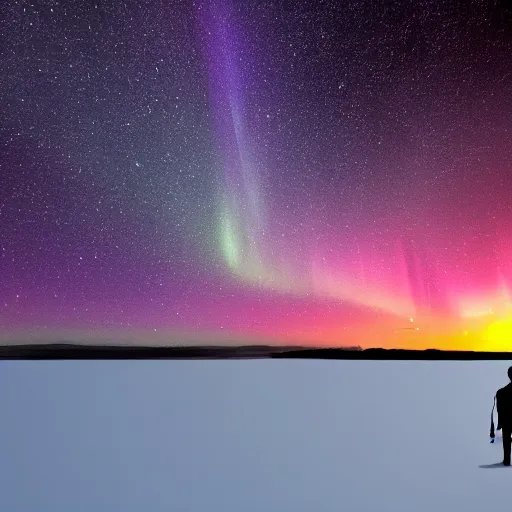 Image similar to 4K Epic Ultra HD detailed award-winning wallpaper silhouette of lonely man standing on rock looking at huge vast sky universe Milky Way aurora