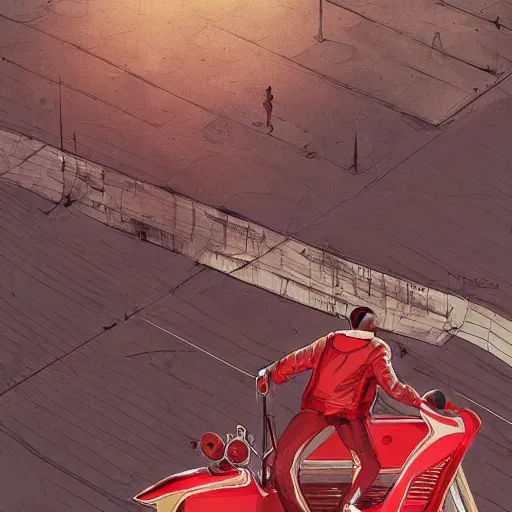 Prompt: man with a red jacket on a old highway walking toward a red futuristic racing motorbike, isometric view from behind, ink drawing, wide angle, ultra realistic, intricate details, ultra detailed, sharp focus, trending on artstation, art by artgerm and greg rutkowski