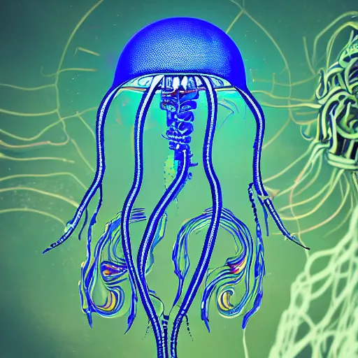 Prompt: detailed photograph of a psychedelic biomechanical robot jellyfish