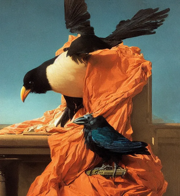 Image similar to a beautifully weird funny cheeky photoreal clear detailed victorian portrait of a close up raven on a victorian windowsill with an ornate velvet dark teal curtain at beautiful sunset daytime nature sunlit painting by frederic leighton and turner and morris and rosetti, 8 k, octane render