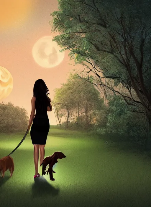 Image similar to young beautiful brown woman walking her dog in a park at night with a full moon, illustration, photoreal, fantasy