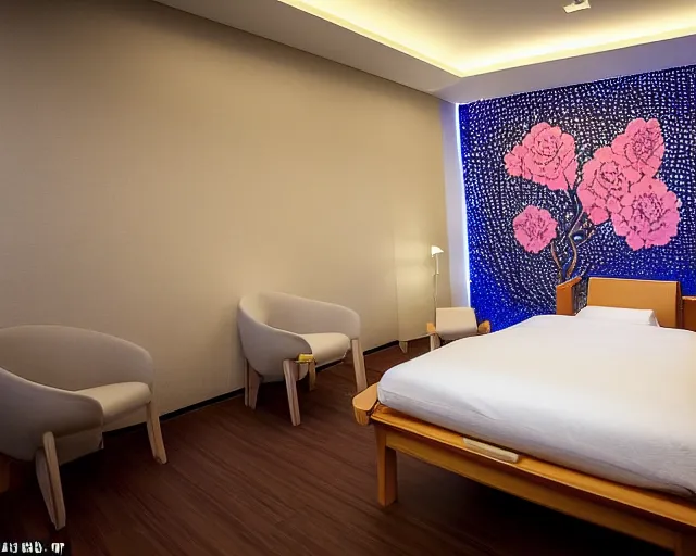 Prompt: The zen environment of the hospital room of the future, in a five star hotel in Singapore, with calming bright lights and a welcoming Japanese rose pattern wall and a breathtaking wooden floor, a doctor and her patient look at a computer screen showing medical graphs