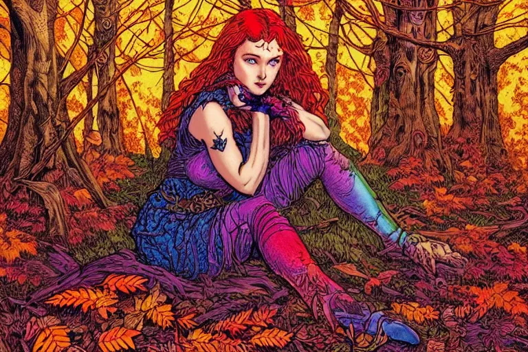 Image similar to an angelic female warrior sitting in an autumn forest, fantasy graphic novel style, by wendy pini and virgil finlay, intricate, vivid gradient colors, very fine inking lines, extremely detailed, 4k, hd