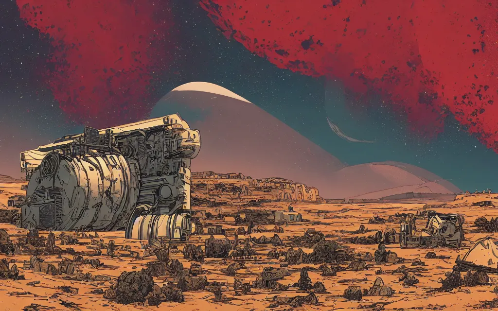 Image similar to very detailed, prophet graphic novel, ilya kuvshinov, mcbess, rutkowski, simon roy, illustration of a 2 5 tonne nuclear blast door on a desert planet, wide shot, colorful, deep shadows, astrophotography