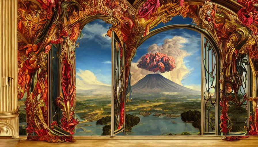 Prompt: a huge elaborate standalone hyperrealistic photorealistic hyperdetailed window, reflecting an erupting volcano, seen from the distance. art nouveau rococo in the style of caravaggio. unexpected elaborate maximalist fabric elements hd 8 x matte background in vibrant vivid pastel textures