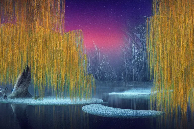 Image similar to a magical weeping willow tree in a mystical atmosphere during autumn and blessed by fae, on a frozen river with orange and yellow leaves and aurora borealis by denis forkas and alan lee, rendered in mandlbulb3d