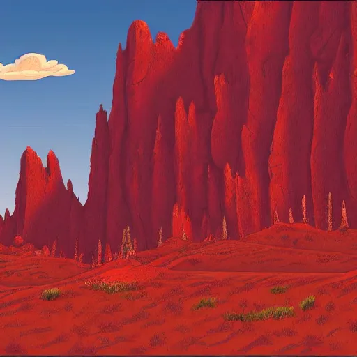 Image similar to digital painting of a castle on a red rock plateau painted by Nathan Fowkes for a Disney movie