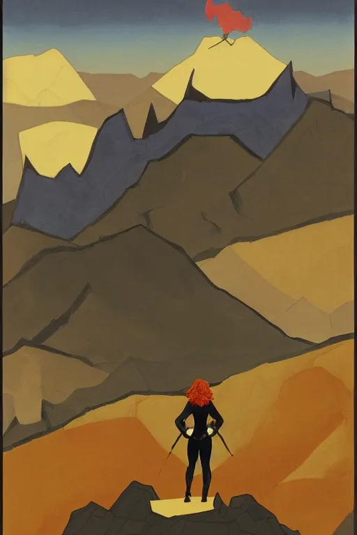 Image similar to black widow ( natasha romanova ) on mountains, marvel, artwork by nicholas roerich,