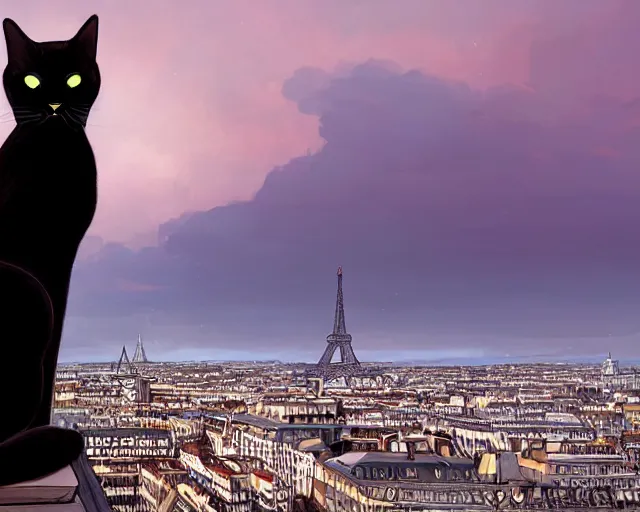 Prompt: a black cat sitting on the top of a building overlooking a French city, Eiffel Tower in the background. Atmospheric lighting, warm lighting, wide shot, sunset. By Makoto Shinkai, Stanley Artgerm Lau, WLOP, Rossdraws, James Jean, Andrei Riabovitchev, Marc Simonetti, krenz cushart, Sakimichan, trending on ArtStation, digital art.