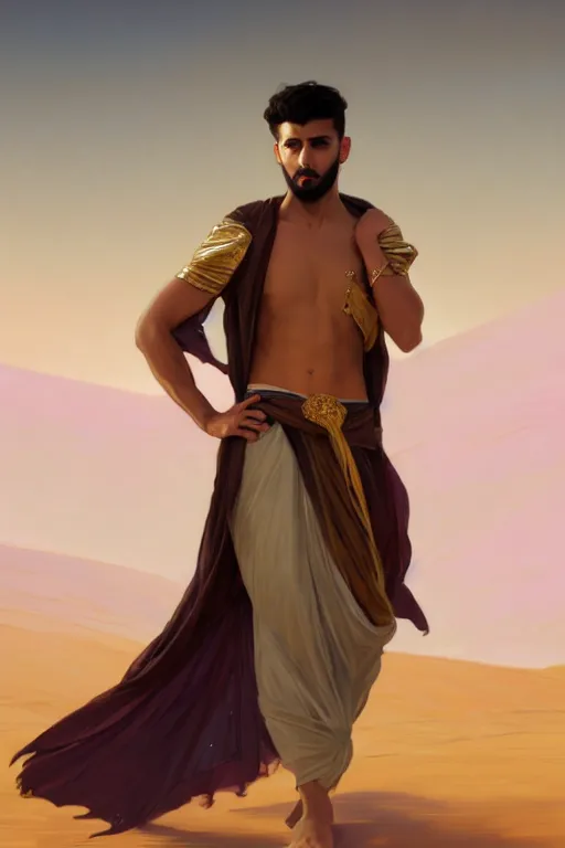 Image similar to full figure beautiful young fit arabic man, dressed with multicolored fluent clothes, luminous scene, by greg rutkowski and alphonse mucha, d & d character, gradient white to gold, in front of a dune desert background, highly detailed portrait, digital painting, artstation, concept art, smooth, sharp focus illustration, artstation hq