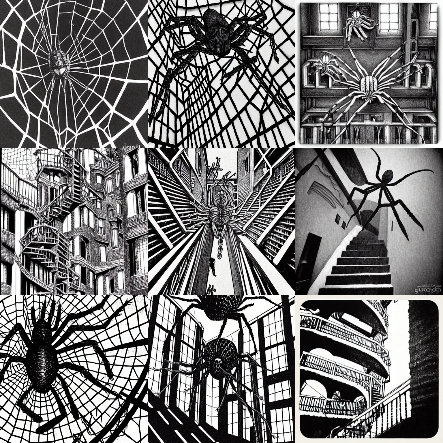 Prompt: “a giant spider on MC Escher Hogwarts stairs by Junji Ito”