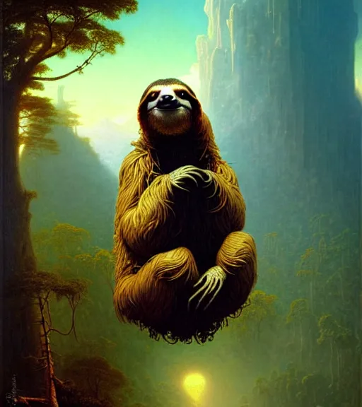 Prompt: a sloth regretting its life choices by albert bierstadt and mœbius and peter mohrbacher, hyperrealism, highly detailed, intricate details