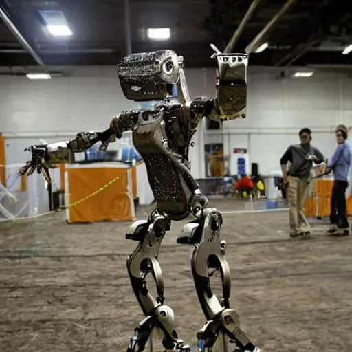 Image similar to publicity photo released by boston dynamics of its prototype metallic orangutan - style robot leaping or swinging or climbing in an obstacle - course while engineers are taking notes.