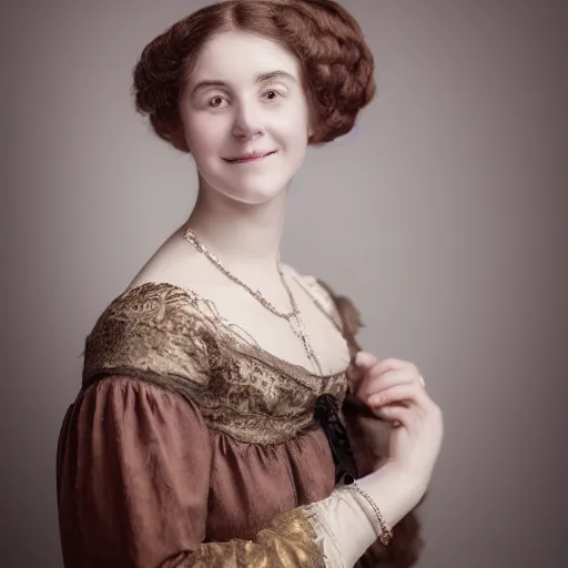 Prompt: studio portrait of a beautiful victorian woman, masterpiece, studio lighting, smiling, sharp focus, realistic,