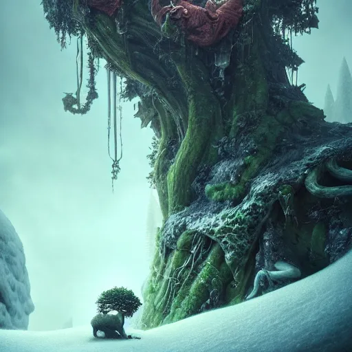 Image similar to ancient fallen god, lush trunda vegetation, snow :: by Michal Karcz, Daniel Merriam, Victo Ngai and Guillermo del toro :: ornate, dynamic, particulate, intricate, elegant, highly detailed, centered, artstation, smooth, sharp focus, octane render, 3d