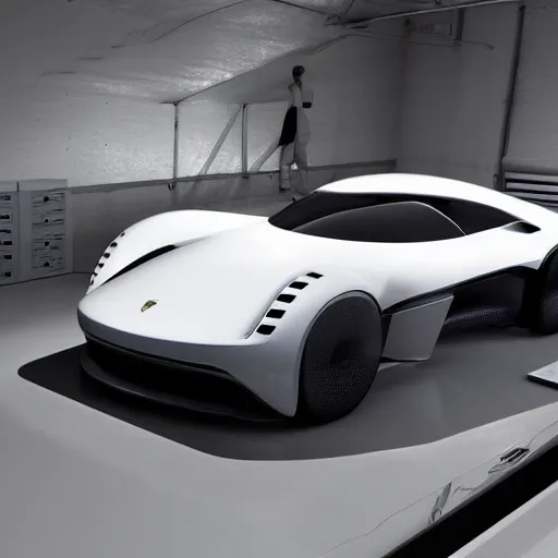 Image similar to a vision gran turismo style concept electric porsche :: studio lighting, inside a warehouse :: porsche unseen design style