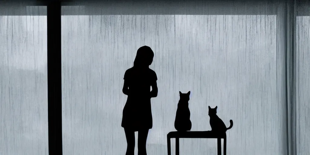 Image similar to silhouette of a girl and her cat, looking out a window on a rainy day, inside a cozy apartment, with a city view.