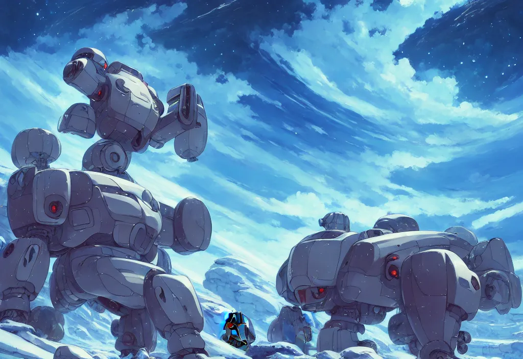 Image similar to a small chubby mecha on a glacier on an alien planet, intricate oil painting, high detail illustration, sharp high detail, manga and anime 1 9 9 9, official fanart behance hd artstation by jesper ejsing and makoto shinkai, 4 k,