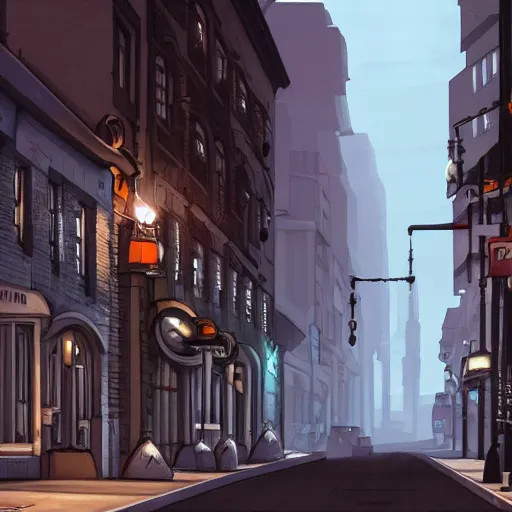 Prompt: dieselpunk city street in the evening