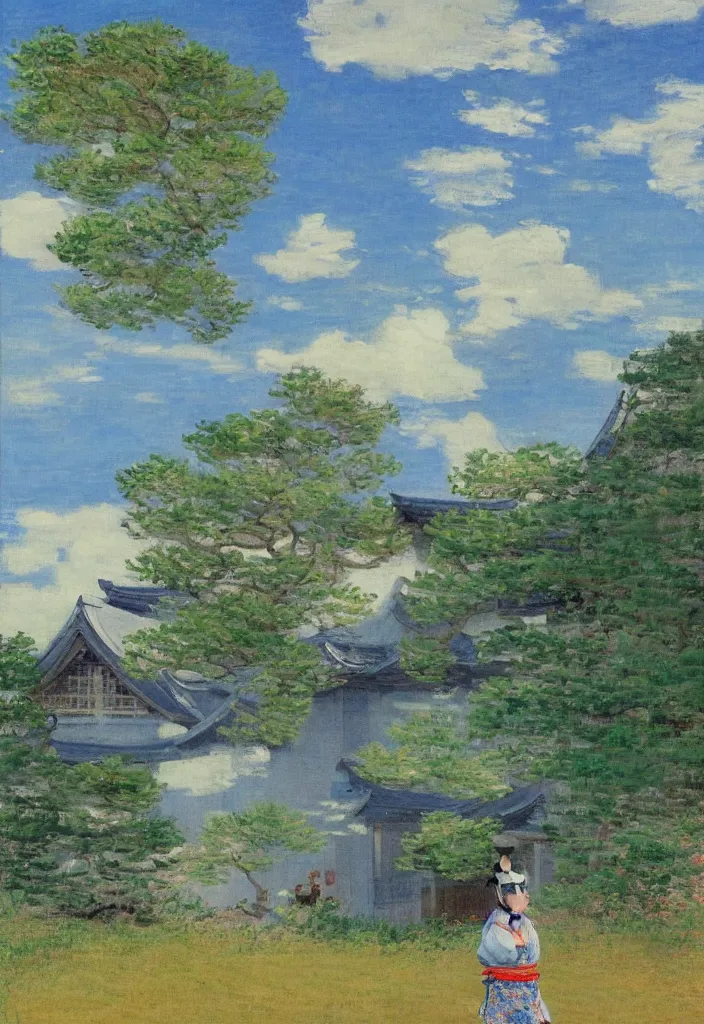 Prompt: tiny samurai in front of a beautiful japanese country side landscape, edo era house in the background, blue sky, magnificient clouds, lofi vibe, vivide colors, amazing light, really beautiful nature, oil painting, impressionist style, by jeremy lipkin, by claude monet, by ghibli, kandinsky touches, multiple brush strokes, masterpiece