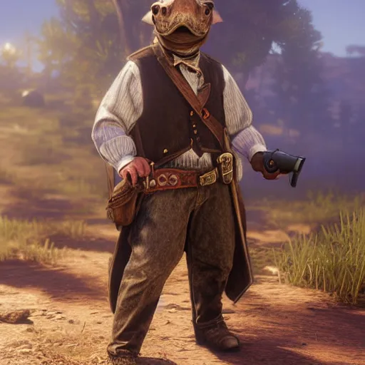 Image similar to cute little anthropomorphic tortoise in Red Dead Redemption 2 (2018 videogame) cover art, ultra wide lens shot , tiny, swine, hug, small, short, cute and adorable, pretty, beautiful, DnD character art portrait, matte fantasy painting, DeviantArt Artstation, by Jason Felix by Steve Argyle by Tyler Jacobson by Peter Mohrbacher, cinematic lighting