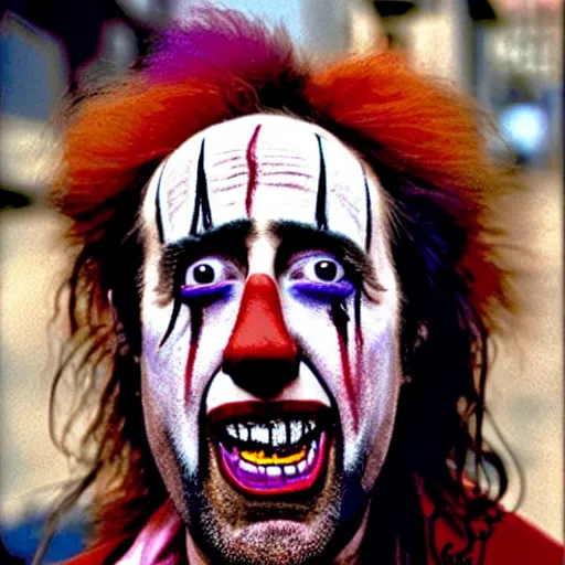 Image similar to uhd candid photo of dirty, homeless nicholas cage wearing bizarre clown makeup, ranting maniacally in the street. skid row. correct face, accurate face, exaggerated features, intricate details, intricate clown makeup, hyperdetailed, accurate face. photorealistic. photo by annie leibowitz