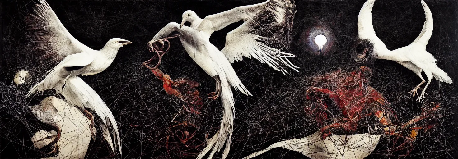 Image similar to artemixel, white crow bringing rabbit leg to a occult witch by android jones and m. c. escher and jeffrey smith and nicola samori collaboration, futurist, digital art, dramatic lighting, oil on canvas