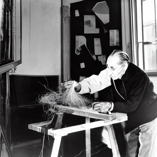 Image similar to a long exposure shot of Marcel Duchamp working on a readymade object, archival pigment print