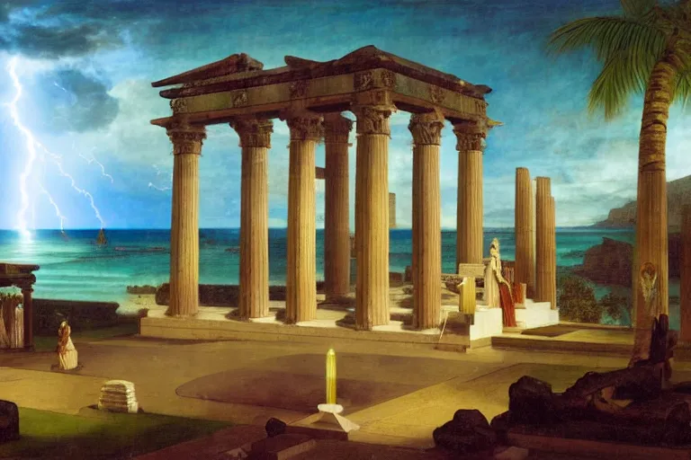 Image similar to Doric temple on front of balustrade and palace columns, refracted lightnings on the ocean, thunderstorm, tarot cards characters, beach and Tropical vegetation on the background major arcana sky and occult symbols, by paul delaroche, hyperrealistic 4k uhd, award-winning, very detailed paradise