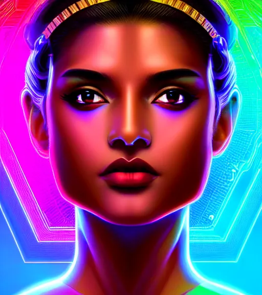Prompt: symmetry!! indian princess of technology, solid cube of light, hard edges, product render retro - futuristic poster scifi, lasers and neon circuits, brown skin gorgeous indian princess, intricate, elegant, highly detailed, digital painting, artstation, concept art, smooth, sharp focus, illustration, dreamlike, art by artgerm