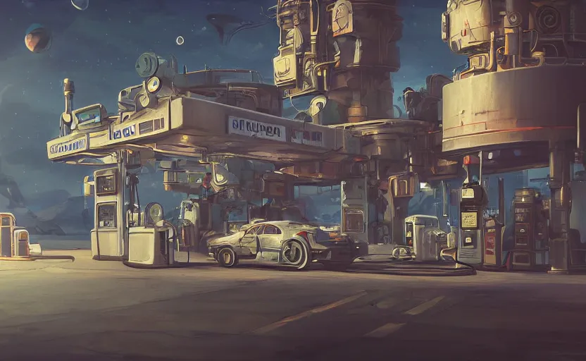 Image similar to gas station in space, 8 k, steampunk, hard edges, zoomed in, very coherent, sharp focus, rim light, exquisite lighting, hard edges, sci - fi, print, cinematic, game art, concept art, trending on artstation