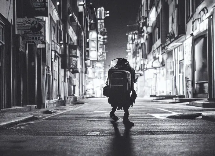 Image similar to photography of a Cat carrying a backpack . in a cyberpunk street. award winning photo, led lighting, night, 24mm, sharp, high res