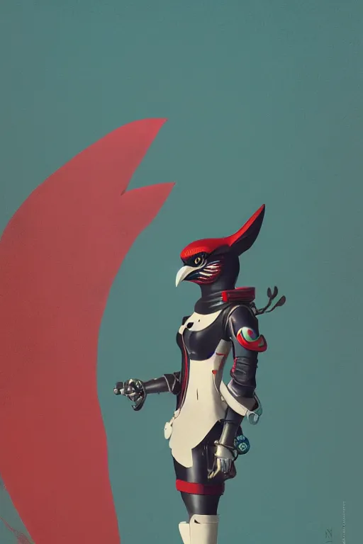 Image similar to female adventurer in tight full - body teal leather armor of japanese design with red accents and a white porcelain crow mask, trending in artstation, japanese, by simon stalenhag, establishing shot