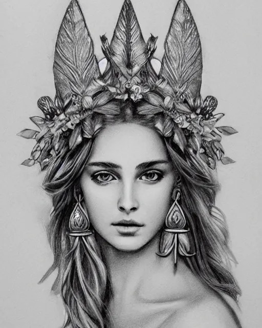 Image similar to pencil drawing of a beautiful greek goddess aphrodite wearing a laurel wreath and arrowhead earrings, beautiful and confident eyes, beautiful flowing hair, hyper realistic face, fantasy, amazing detail, epic, elegant, smooth, sharp focus, from the front, long shot